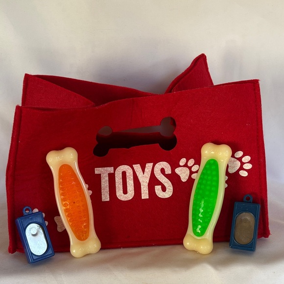 Other - CUTE’ DOG FELT RED STORAGE TOTE WITH COLORFUL CHEW BONE TOYS & TRAINING CLICKS